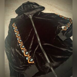 Aztec Black Velvet Zip-Up Hoodie with Southwestern Trim XL